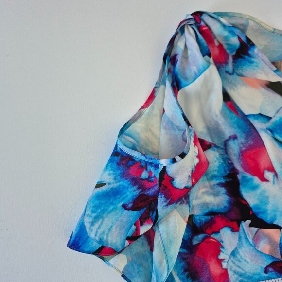 Cynthia Steffe Silk Blue and White Ruffled Asymmetrical Blouse - Picture 6 of 9